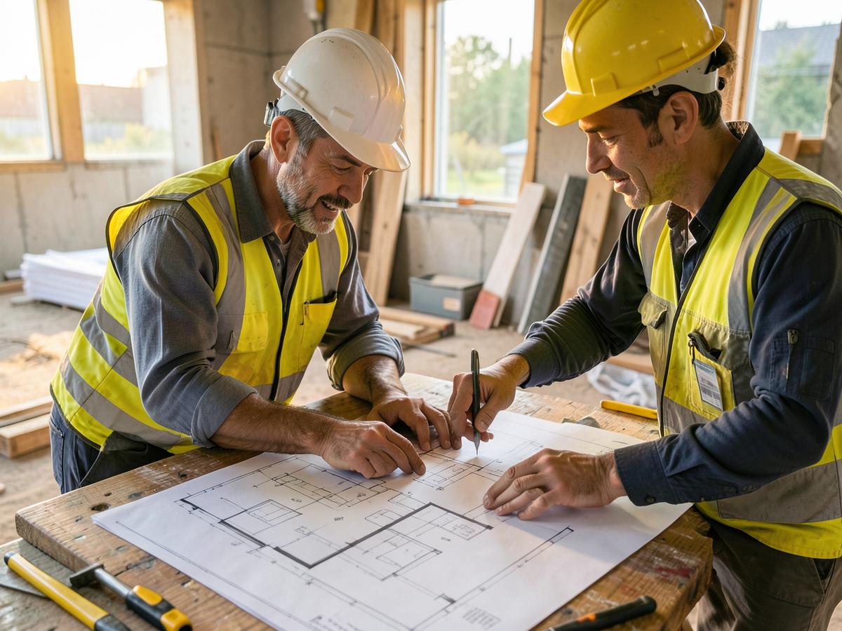 NIVA BUILDING team reviewing construction plans on site