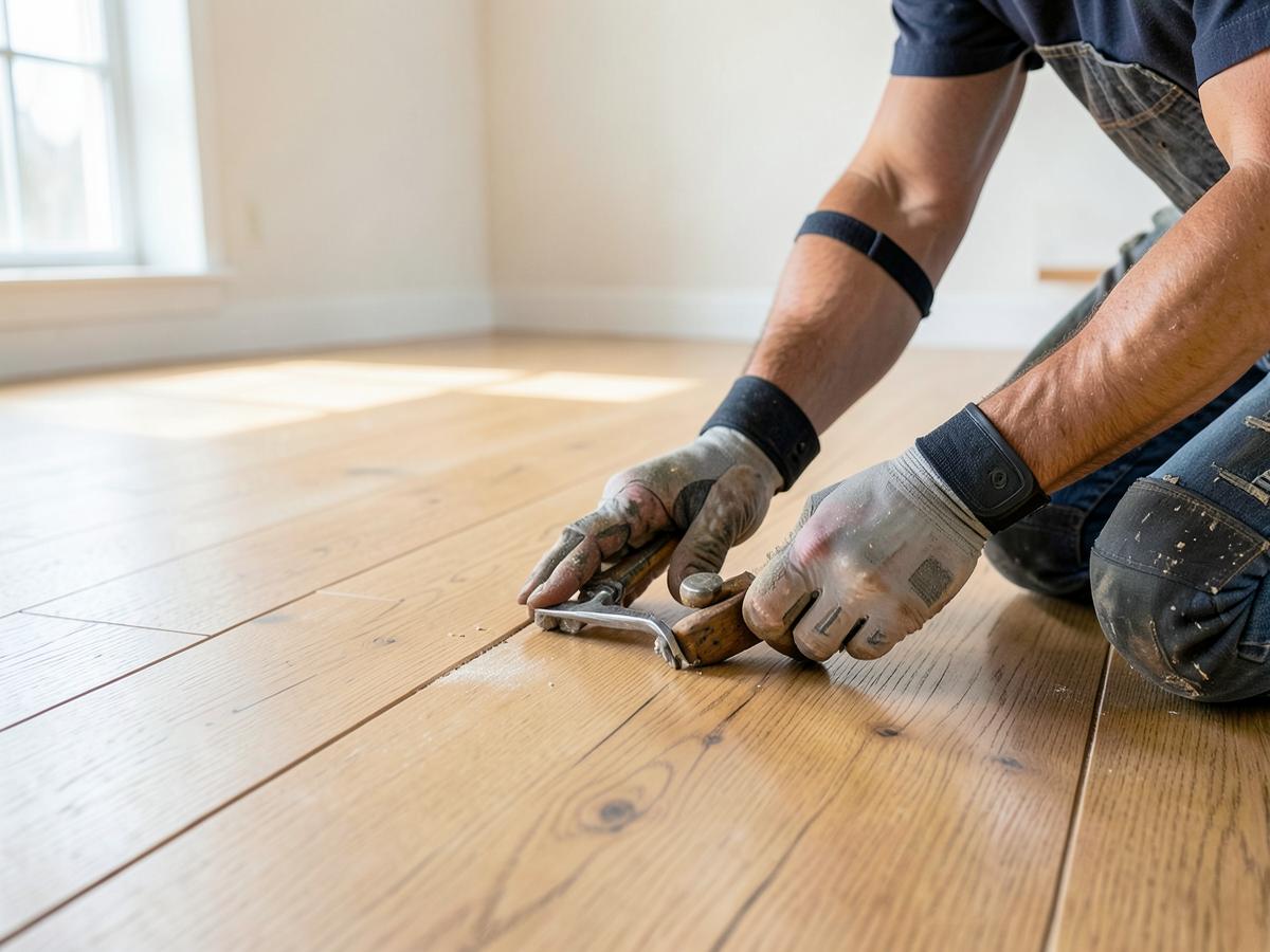 Installing oak wood flooring planks in a bright room