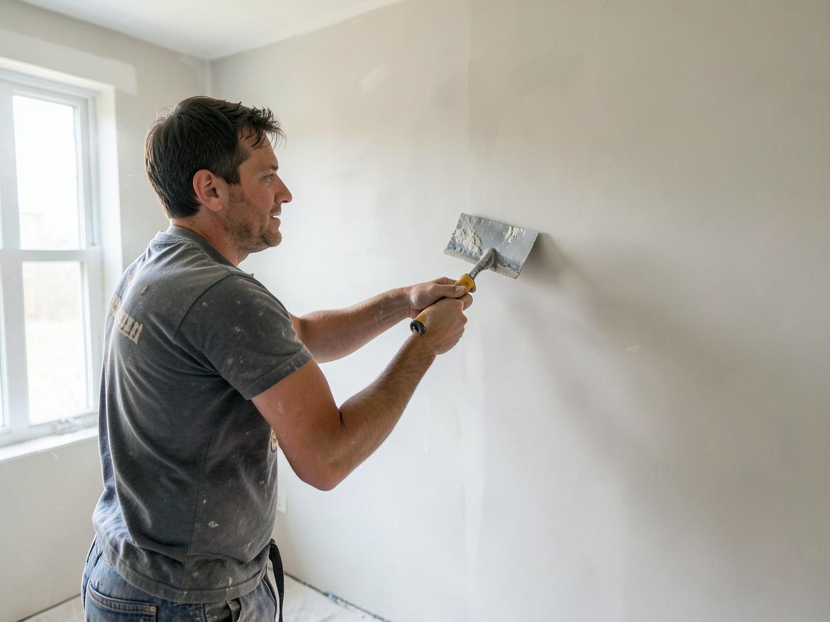 Worker smoothing a plastered interior wall with a trowel