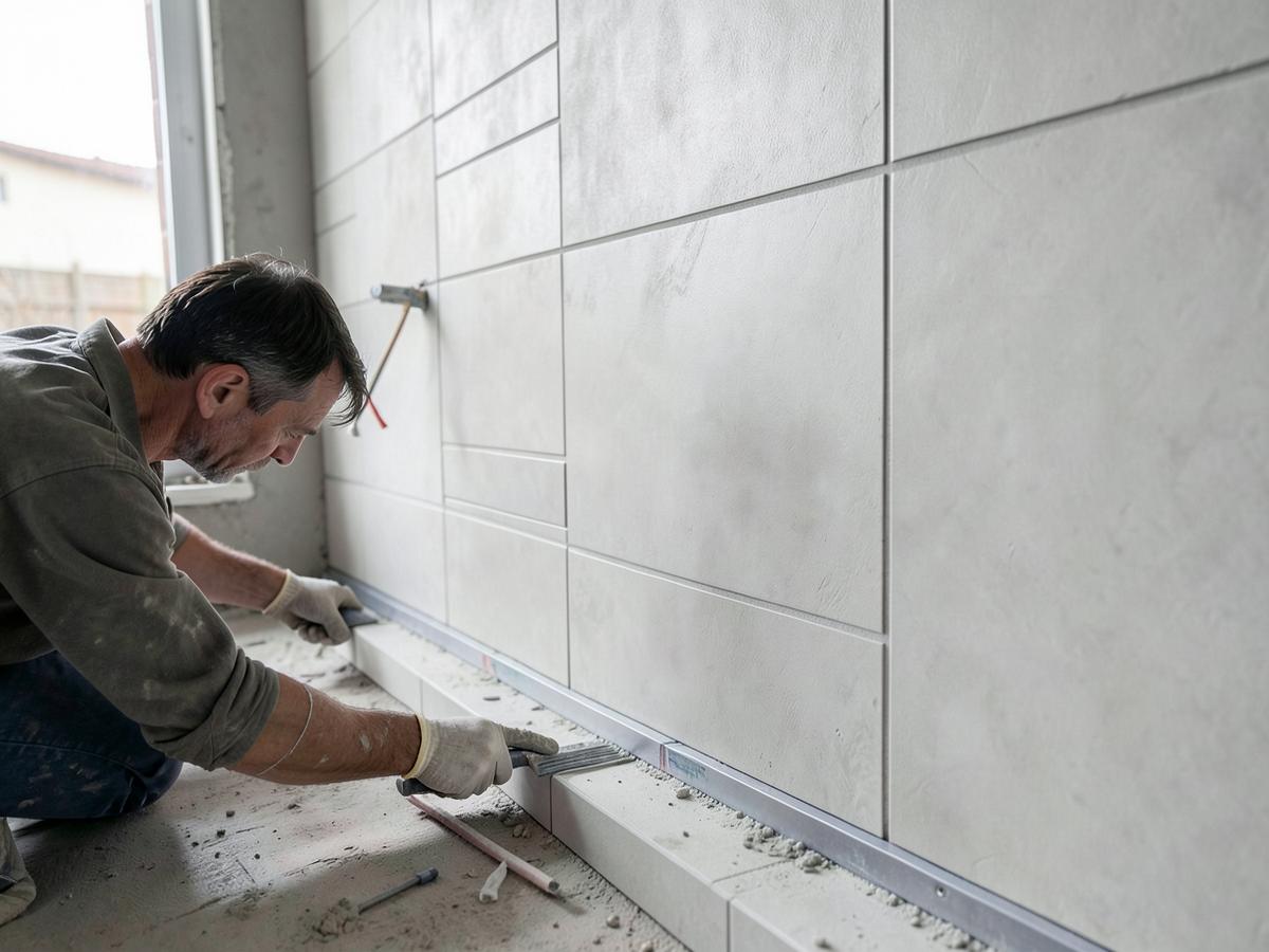 Craftsman installing large format wall tiles during a renovation